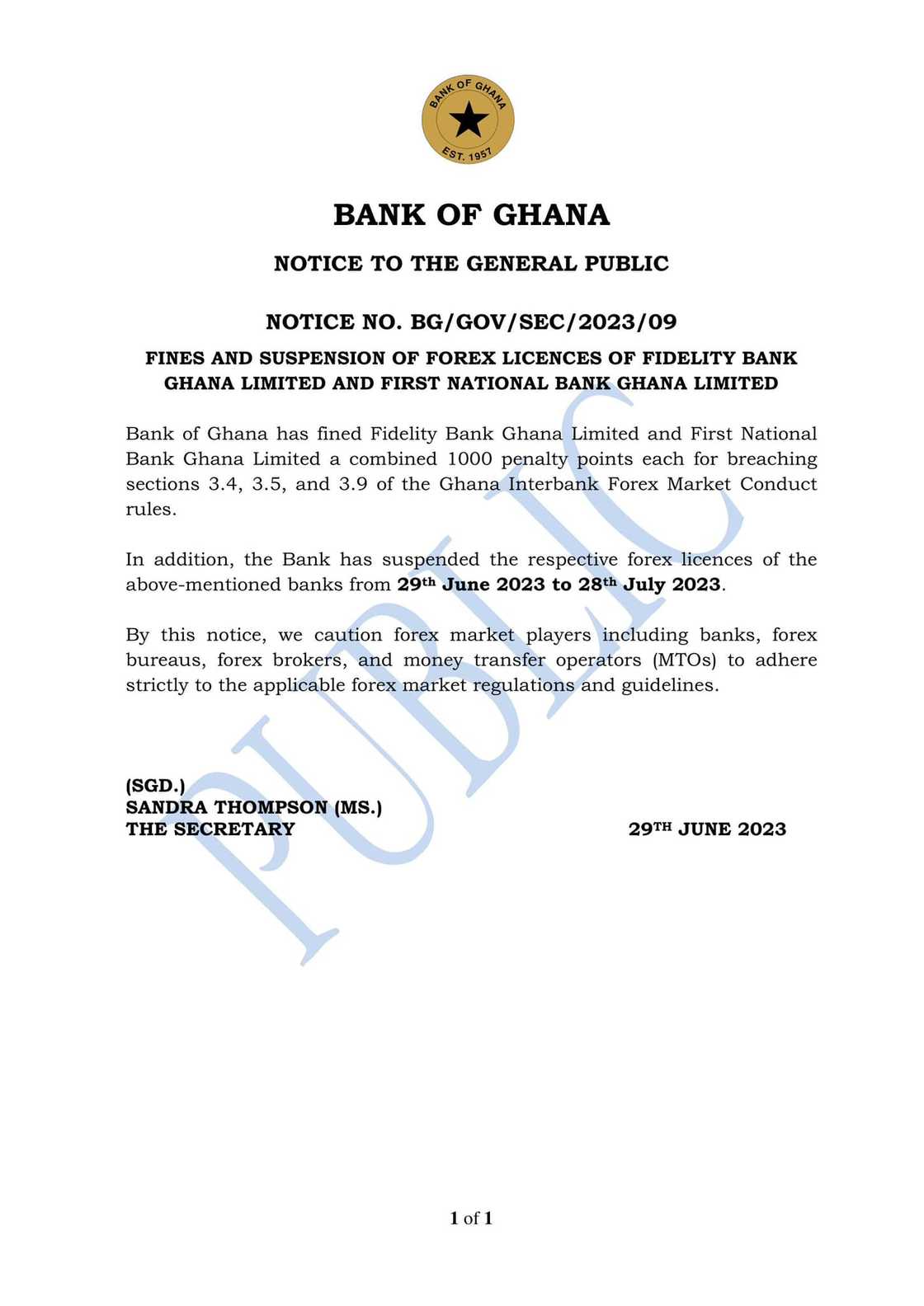 The BoG has sanctioned Fidelity Bank and First National Bank for breaching Forex Trading rules. The BoG has sanctioned Fidelity Bank and First National Bank for breaching Forex Trading rules.