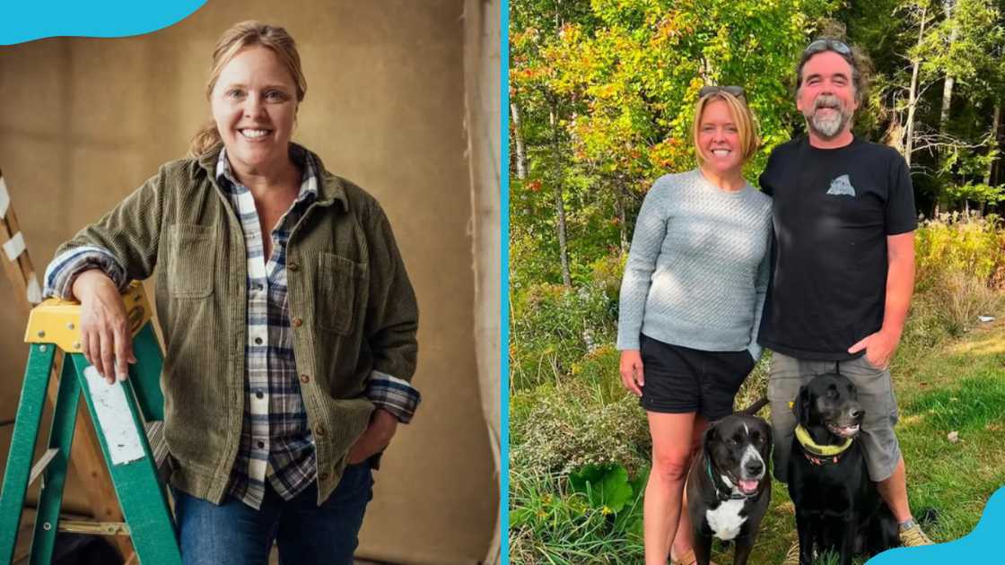 Ashley Morrill in a flannel and jacket (L) and with her husband and two dogs Ashley Morrill in a flannel and jacket (L) and with her husband and two dogs
