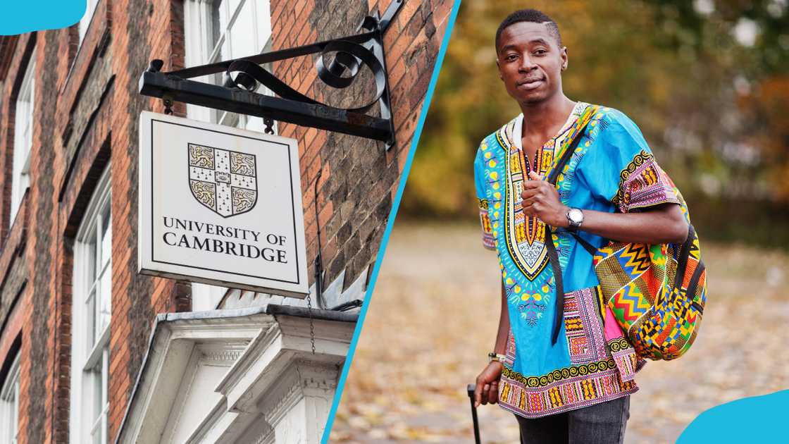 A University of Cambridge sign above the entrance to a Victorian building (L). A young man in African traditional attire poses with a backpack (R). A University of Cambridge sign above the entrance to a Victorian building (L). A young man in African traditional attire poses with a backpack (R).