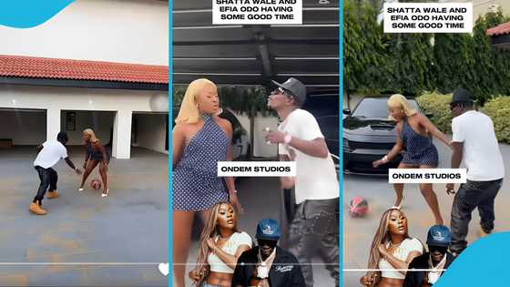 Shatta Wale bonds with Efia Odo as they play basketball in his Trasacco Valley mansion, video